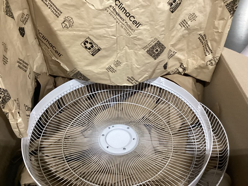 Condition photo showing As Is for amazon basics 16-inch quiet dc motor standing floor fan for bedroom, 12 speed with remote, 3 breeze modes, adjustable height, dual-layered blades, timer, energy efficient (28w), white 12-speed, dc motor