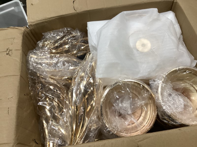 Condition photo showing Good Condition for 10 pcs 21.5” tall gold centerpieces for table, open lattice midsection trumpet base vase stands with hanging crystals, metal flower holders for wedding receptions,parties & event decor gold 21.5 inch