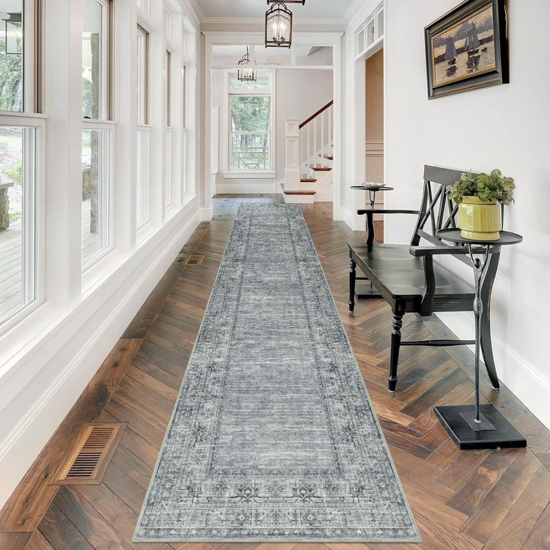 washable hallway runner rug 2.5x12ft - long grey vintage boho bordered kitchen runner rug non slip entryway bedroom farmhouse runners for hallways