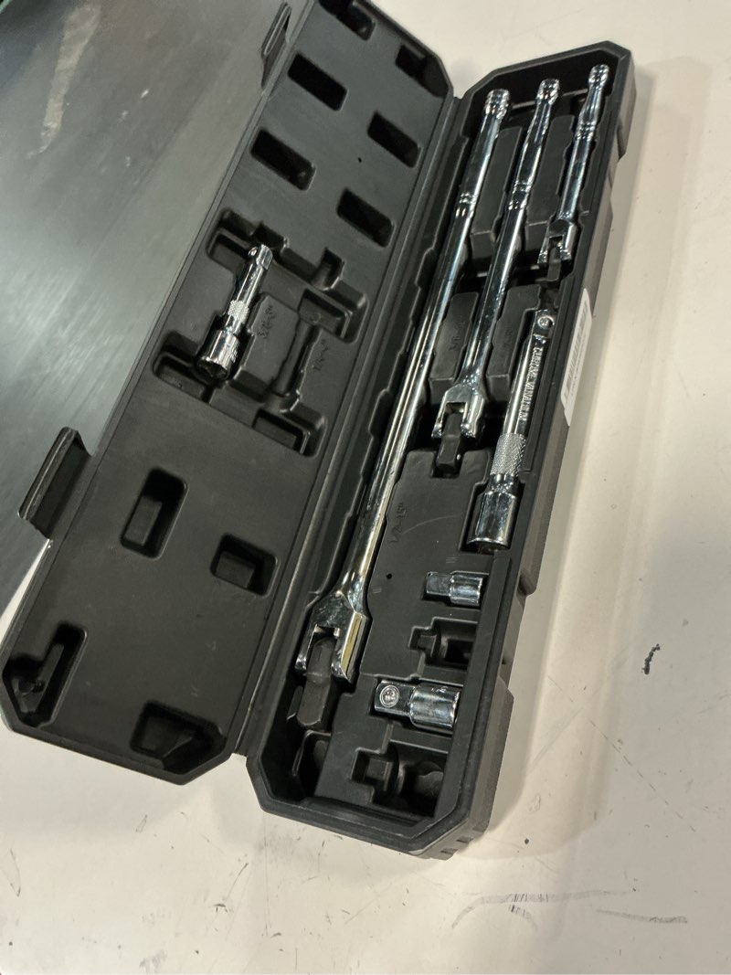 Condition photo showing Good Condition for 10 piece breaker bar set, 3/8" , 1/2" and 1/4" drive, 180° rotatable head, 6'', 10'', 15'' length, 3 extension bars, organizer case