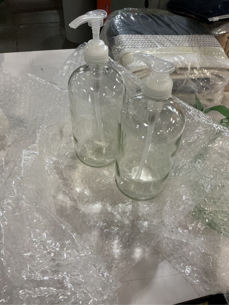 Condition photo showing Good Condition for 32-ounce large clear glass boston round bottles w/natural color pumps. great for lotions, soaps,oils, sauces - food safe and medical grade - by kitchentoolz (pack of 2)