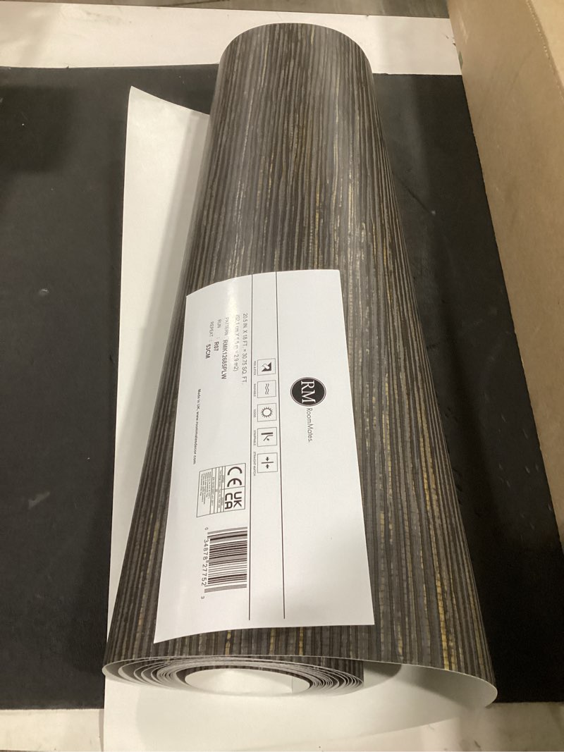 Condition photo showing As Is for roommates dimensional grasscloth peel and stick wallpaper, rmk12685plw charcoal
