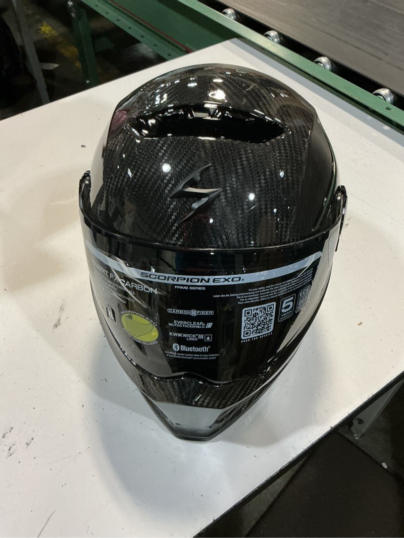 Condition photo showing Good Condition for scorpionexo covert fx carbon fiber full face motorcycle helmet street fighter style - bluetooth ready speaker pockets dot ece solid (gloss black - x-large) gloss black x-large