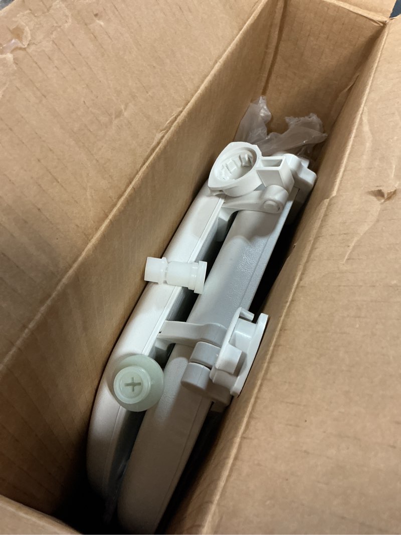 Condition photo showing As Is for mayfair padded toilet seat, cushioned soft vinyl over wood core seat, secure hinges, easy clean, made in usa, round, white round white toilet seat