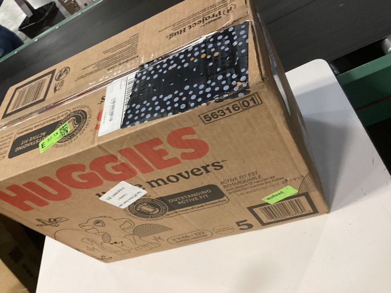 Condition photo showing New/Like New for huggies size 5 diapers, little movers baby diapers, size 5 (27+ lbs), 132 count (2 packs of 66), packaging may vary size 5 132
