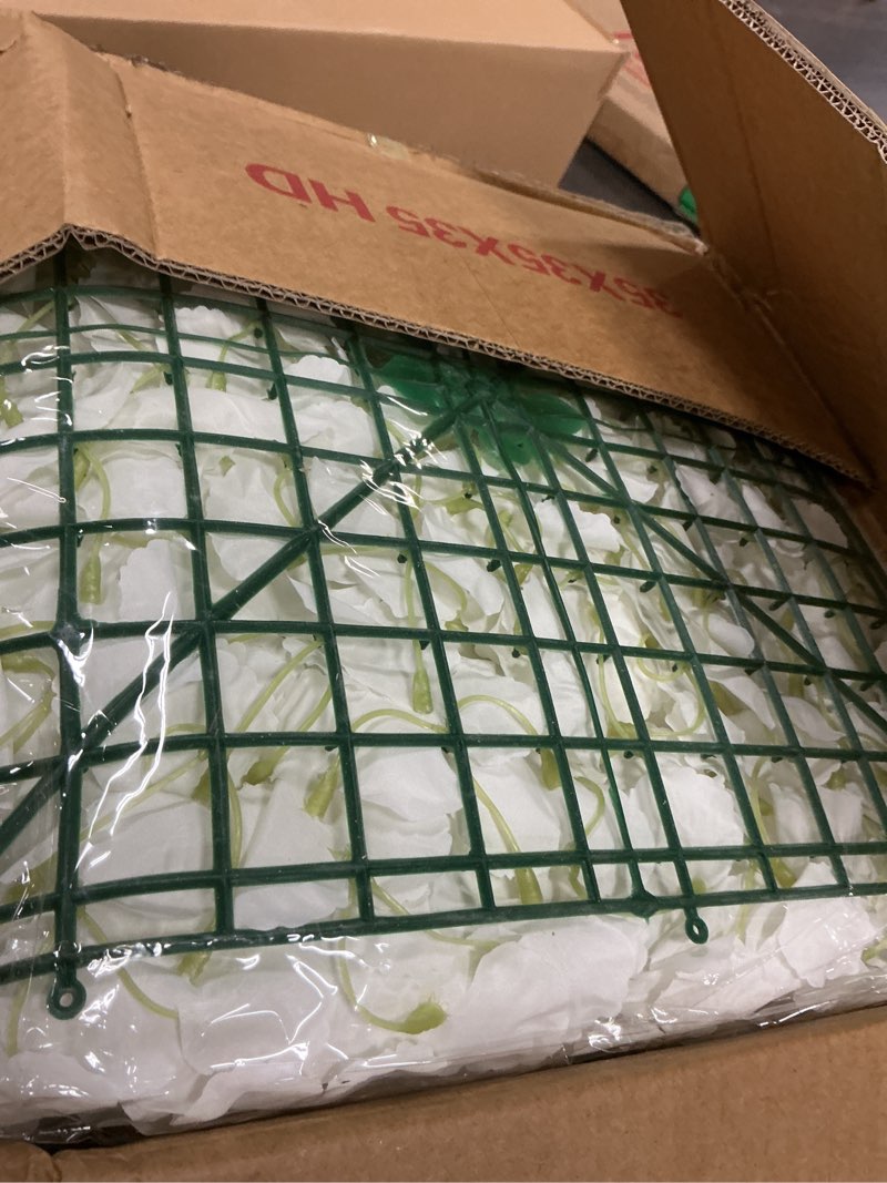 Condition photo showing New/Like New for Flower Wall Panels White Backdrop: Artificial Flower Wall Backdrop 5ft by 7.5ft Hydrangea Floral Wall for Wedding Party Decoration (24 Pcs 15 x 15 Inch)