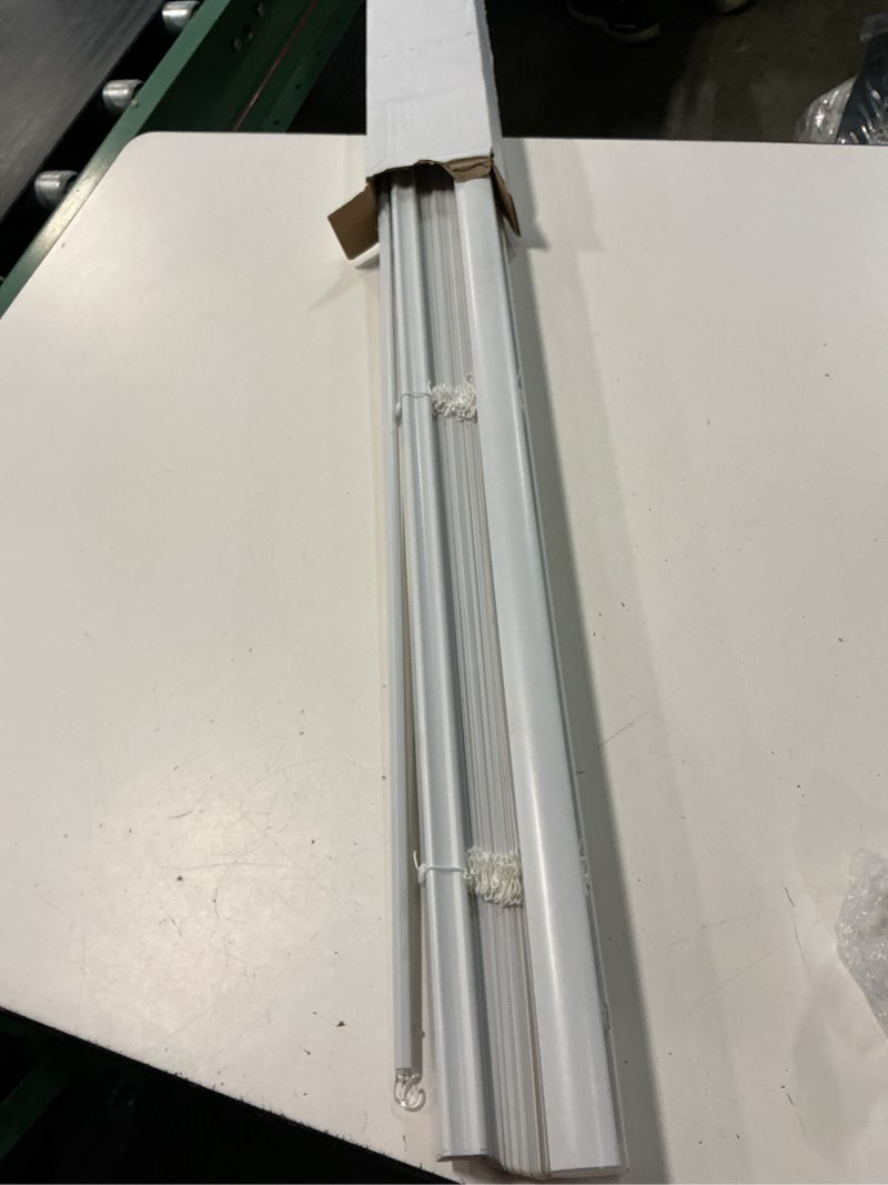 Condition photo showing As Is for project source light filtering 1-in slat width 36-in x 64-in cordless white vinyl light filtering mini-blinds