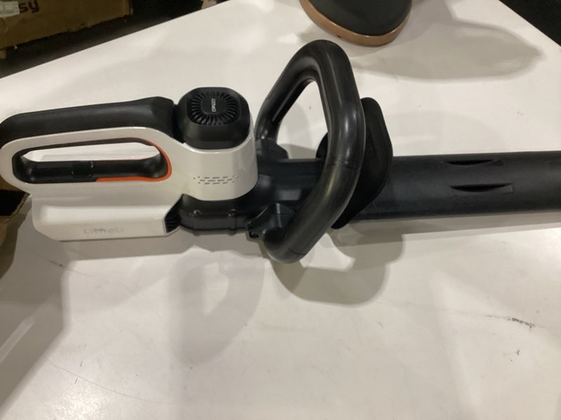 Condition photo showing As Is for litheli 20v cordless hedge trimmer, 20" dual-action (0.8" cut), 5.6 lbs lightweight bush & shrub trimmer, 180° d-handle, high carbon steel blade, 2.0ah battery & cable incl. for yard & garden 20v 20" 2.0ah u20