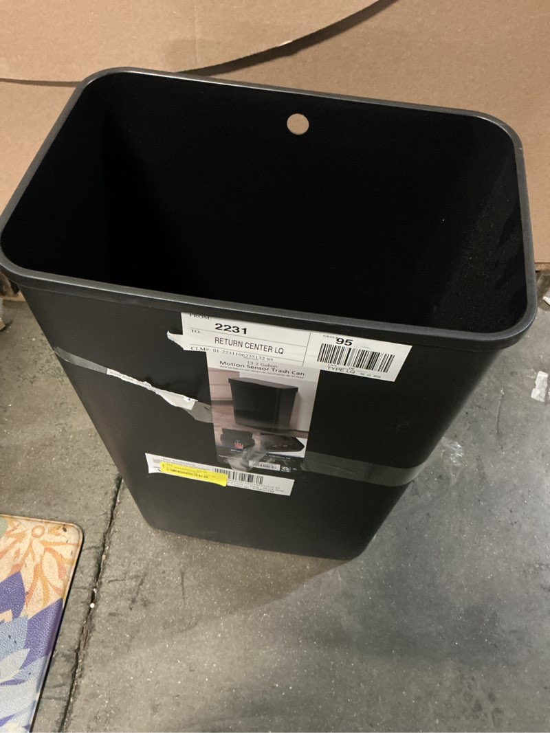 Condition photo showing As Is for mainstays 13.2 gallon kitchen sensor trash can, plastic motion sensor kitchen trash can, black