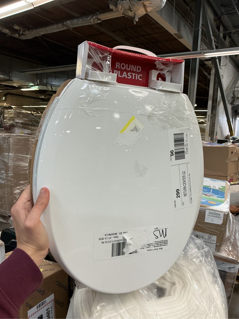 Condition photo showing As Is for mainstays plastic round slow close toilet seat in white