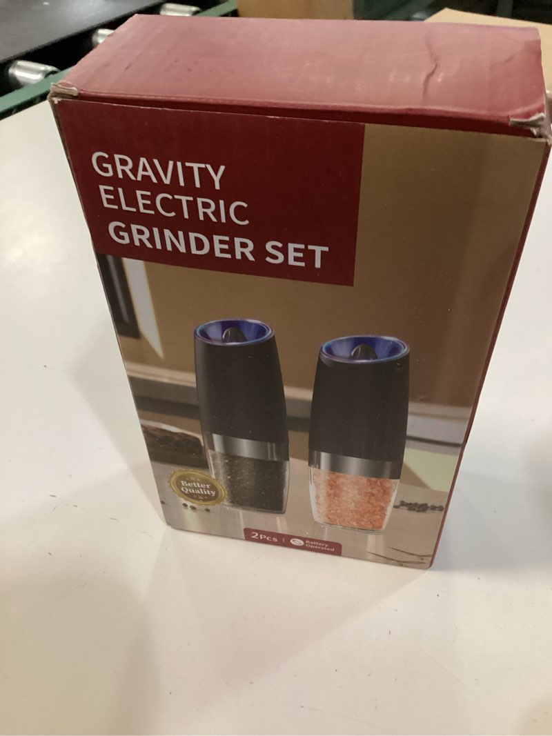 Condition photo showing New/Like New for CIRCLE JOY Gravity Electric Salt and Pepper Grinder Set Automatic Salt and Pepper Grinder Set with LED Light, Battery Operated, Adjustable Coarseness, Large Capacity, for Home Kitchen BBQ Battery/Black Set