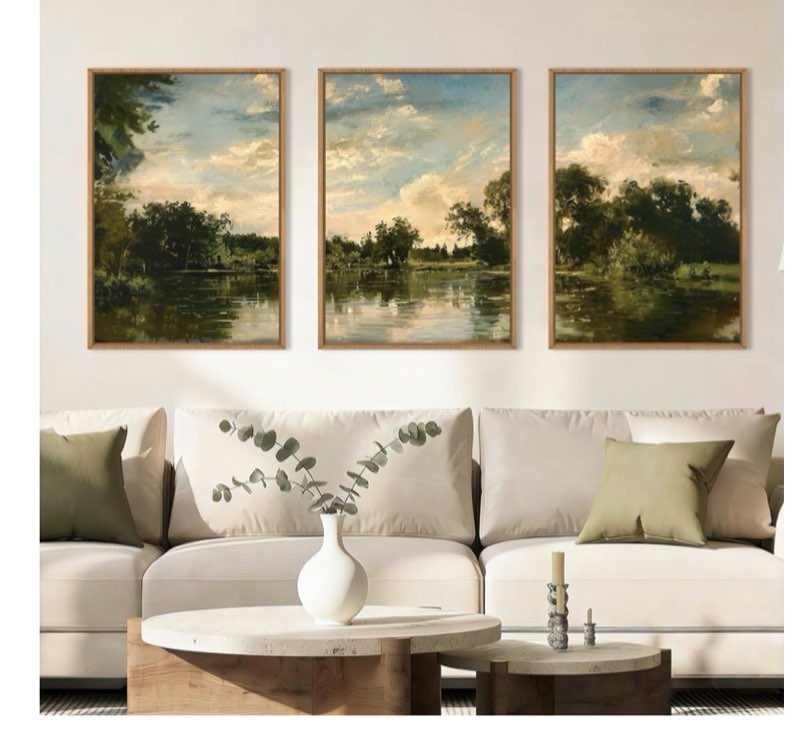 aryroi vintage landscape framed canvas wall art set,rustic natural green trees and lake wall decor,c