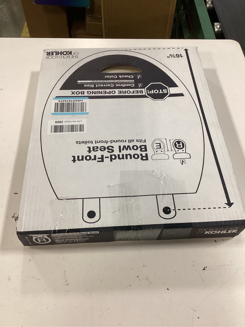 Condition photo showing New/Like New for kohler 4648-47 stonewood round toilet seat, wood seat for standard round toilets, lid with color-matched plastic hinges, almond almond round