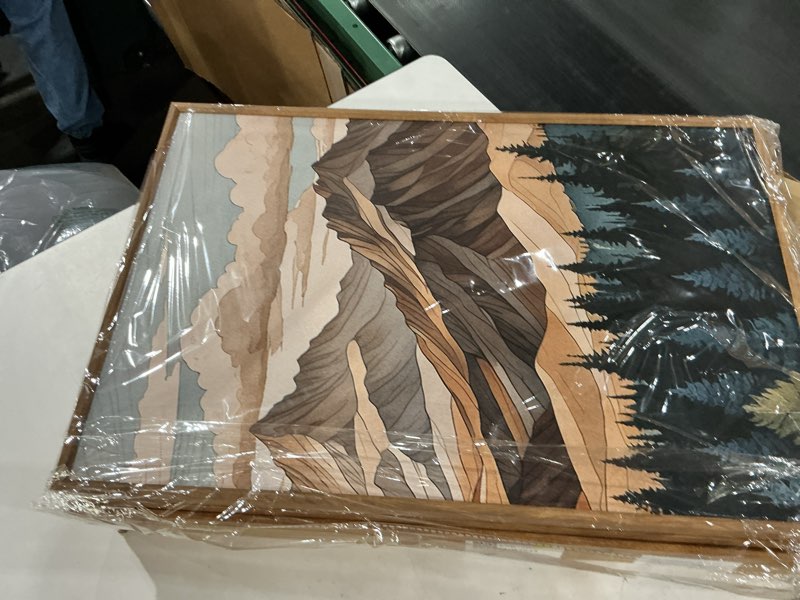 Condition photo showing New/Like New for KAIRNE Mountain Framed Wall Art Set of 3, Wooden Mountain Forest Wall Decor, Boho Pine Tree Landscape Wall Painting, Woodcut Wilderness Scenery Art Prints for Living Room, Bedroom, Office -16"x24" Sum Mountain 16"L x 24"W