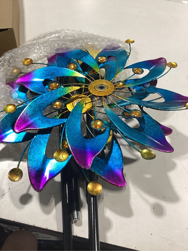 Condition photo showing As Is for 58.8" wind spinners outdoor with stake, solar wind spinner blue & purple | solar color-changing led lights waterproof kinetic garden windmill sculpture for patio yard lawn, metal yard art decor gift