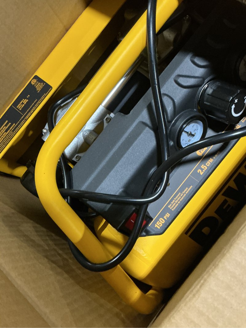 Condition photo showing As Is for dewalt quiet portable electric air compressor, horizontal, 1.6 gallon cap., 2.5 cfm, 3/4 hp