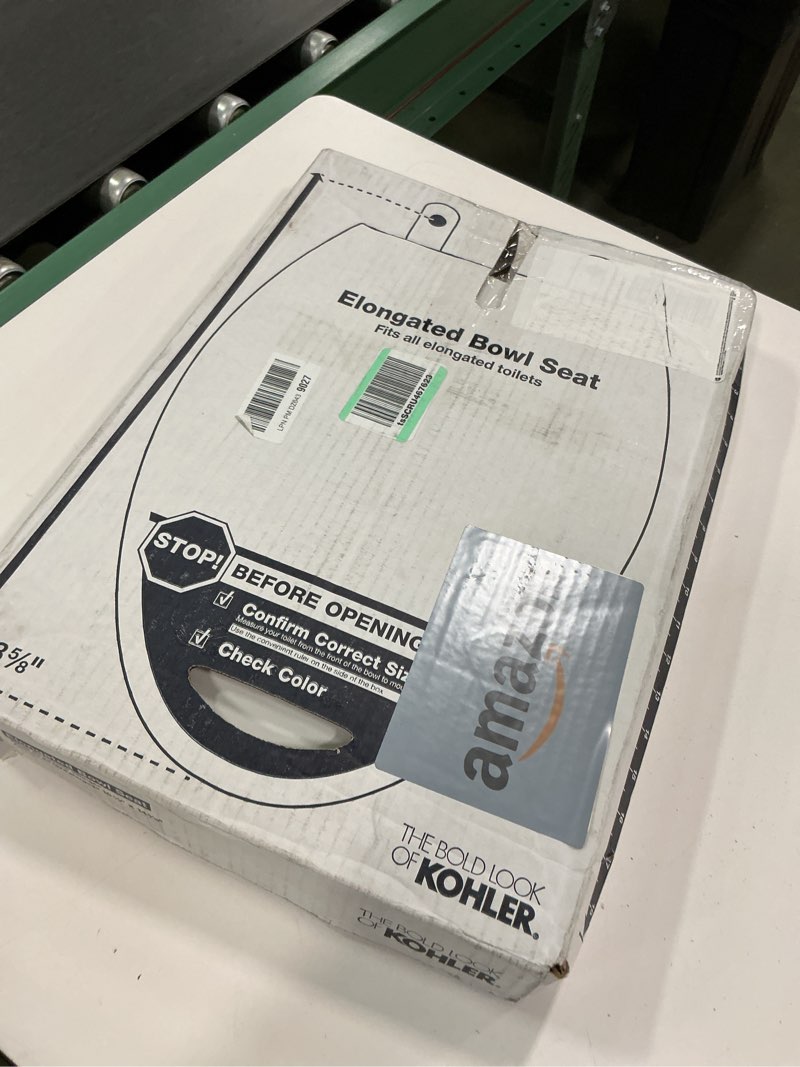 Condition photo showing As Is for KOHLER 4636-RL-0 Cachet ReadyLatch Elongated Toilet Seat Slow Close, Soft Close Toilet Seat Quiet Lid, Contoured Grip-Tight Bumpers Installation Hardware, Apartment Essentials, White White Elongated Ready Latch