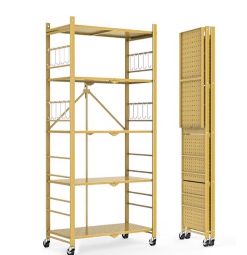 Himix Storage Shelves with 20 Hooks, 5-Tier Collapsible Organization Storage Rack Bookshelf Folding Pantry Shelves Cube Shelf Wire Shelving Holds 440 Ibs for Garage Kitchen Room, Black 5-Tier Black