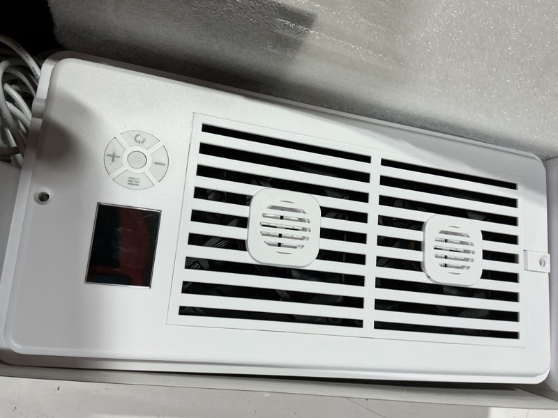 Condition photo showing New/Like New for register booster fan for 4” x 10” vents, remote control, 3 modes, 10 speeds, built-in display, fits floor or wall registers, removable front cover, home hvac airflow support - off white