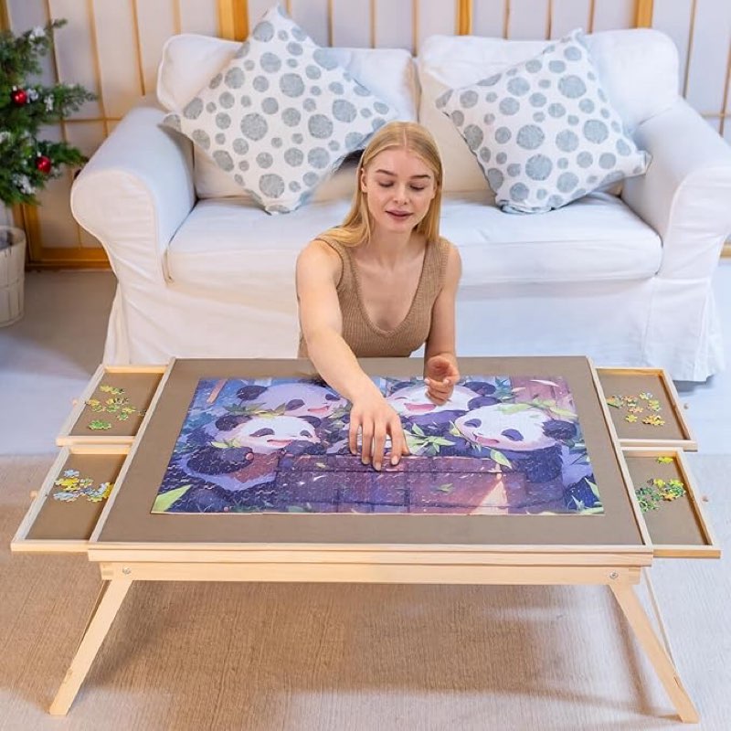 1000 piece wooden folding puzzle table with legs, 22" x 30" jigsaw puzzle board with 4 drawers and protective cover portable jigsaw puzzle table for adults and teens