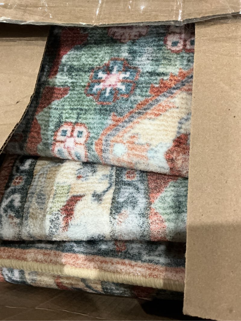 Condition photo showing Good Condition for kozyfly long runners for hallways 2.6x10 ft washable kitchen boho runner rug for entryway indoor rust/orange/blue printed faux wool stair runner floor carpet runner for stair kitchen hall 2'8" x 10' (runner) rust/orange/blue