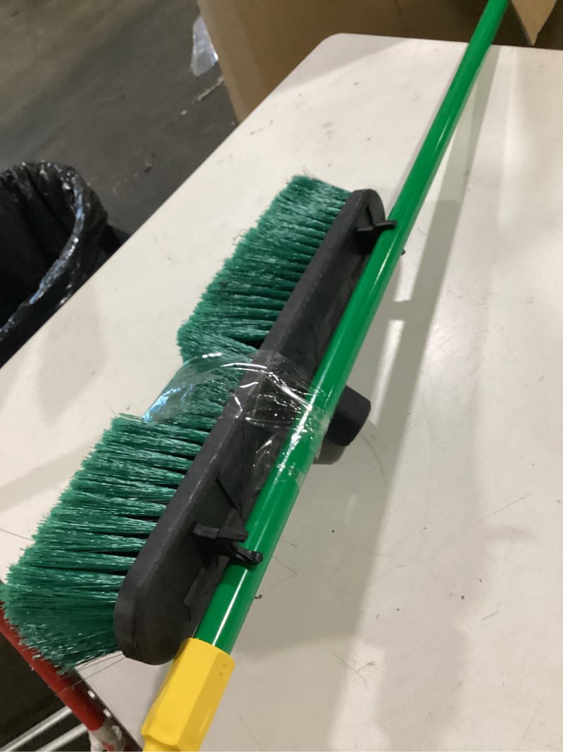 Condition photo showing Good Condition for quickie bulldozer multi-surface push broom 18 inch, green, steel handle with swivel hang-up feature, indoor and outdoor cleaning, sweep sidewalks/warehouses, dirt, debris