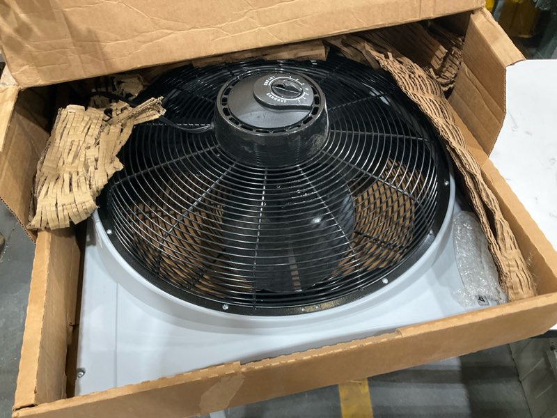 Condition photo showing As Is for air king 20" 1/6 hp whole house window fan with 3-speeds and storm guards for circulation and exhausting air, 9166, black
