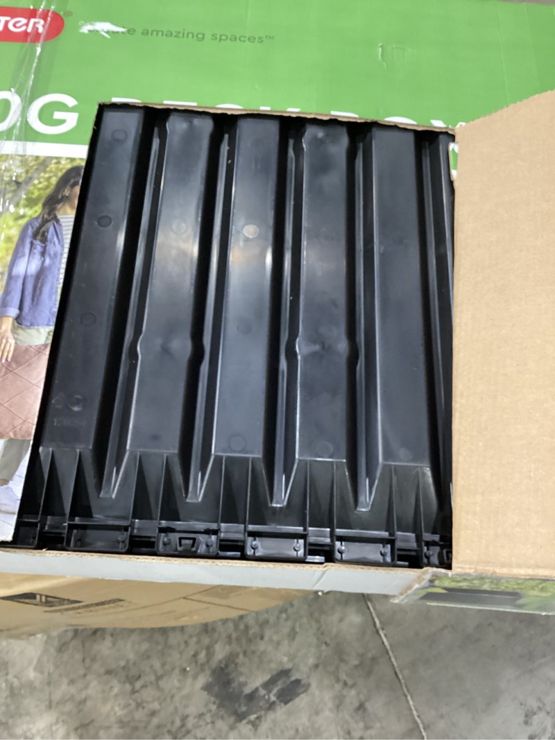Condition photo showing As Is for outdoor/indoor storage deck box, 170 gallon capacity, weather-resistant resin, graphite