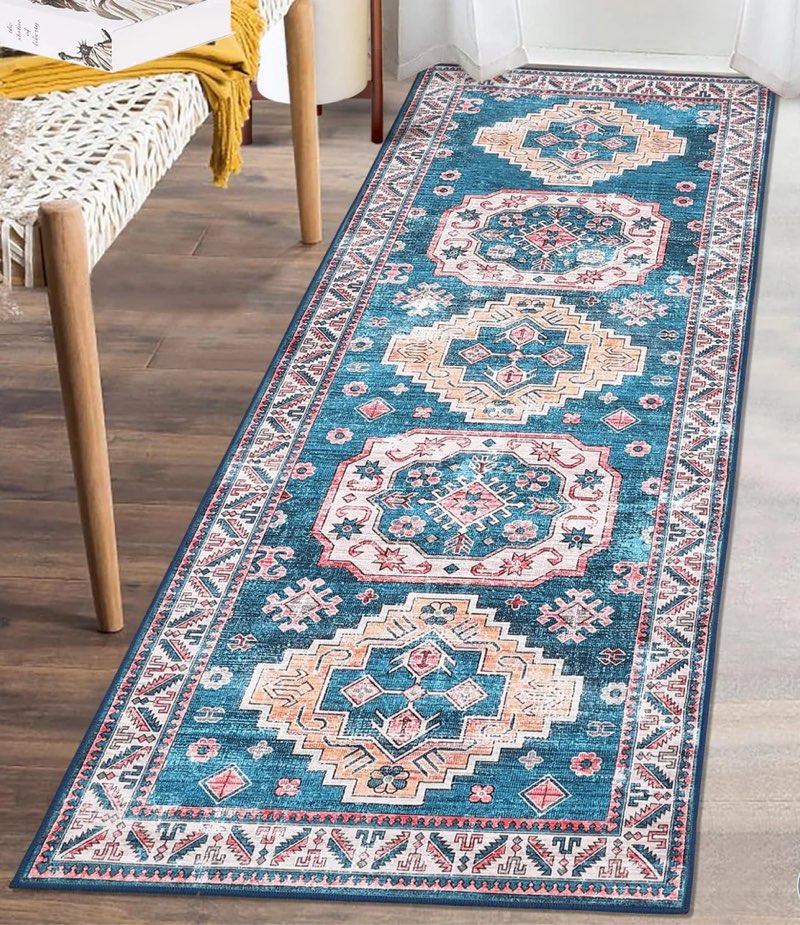 Garvee Boho Tribal Area Rug 2x6 Hallway Bohemian Vintage Bedroom Throw Rugs Non-Slip Machine Washable Rugs Low-Pile Floor Carpet for Kitchen Laundry Living Bathroom Blue/Fuchsia 2'x6' 