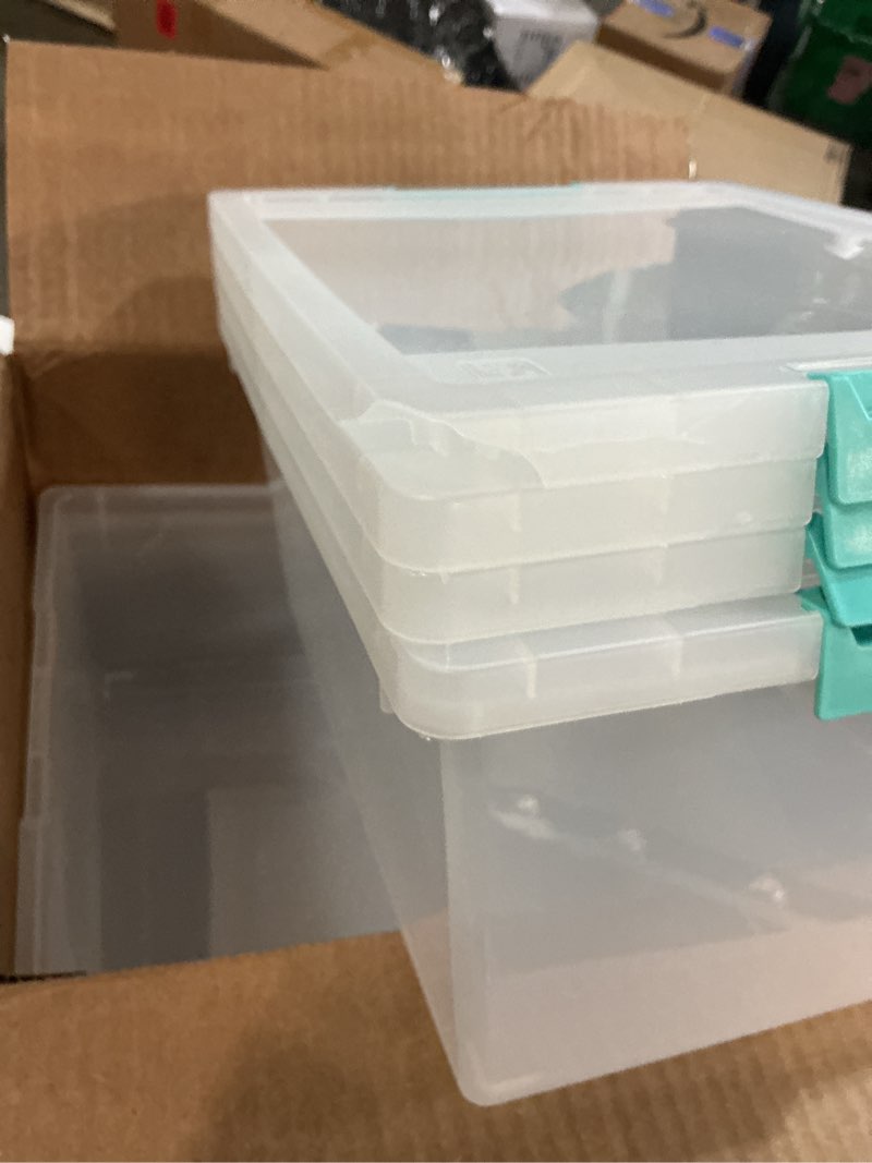 Condition photo showing As Is for IRIS USA 12 Qt. Plastic Storage Bins Containers with Lids, 4 Pack, Small Sensory Bin, Craft Storage, Craft Organizers & Storage, Organizing Container for Home, Office & Art Supplies, Stackable, Clear 12 Qt. - 4 Pack