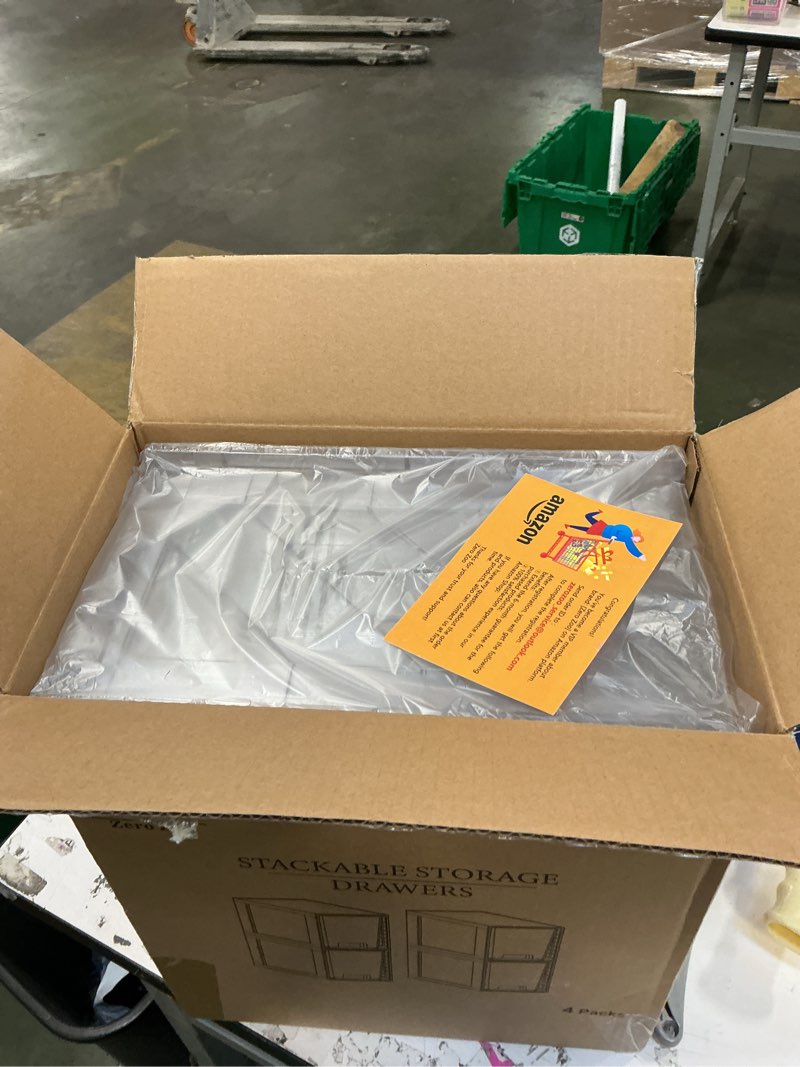 Condition photo showing Good Condition for 4 Pack Large Stackable Storage Drawers,Clear Acrylic Drawer Organizers with Handles, Easily Assemble for Kitchen Undersink,Bathroom,Cabinet,Makeup,Closet,Pantry,Organization and Storage 4 Down Handle