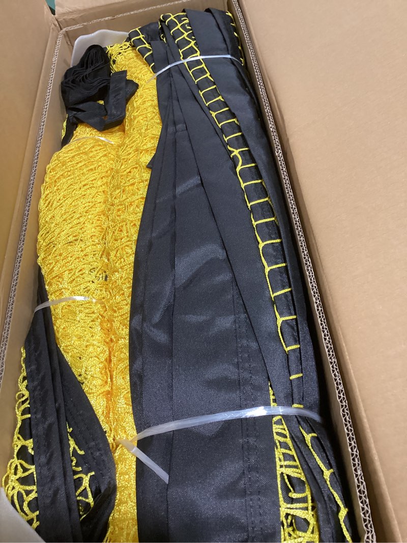 Condition photo showing New/Like New for portable 22ft x 12ft x 8ft baseball & softball batting cage with pitching machine hole, 3ply 1.25'' yellow netting, secure steel poles, 12.7mm fibreglass poles, carry bag included baseball batting cage
