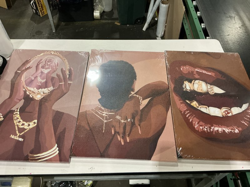 Condition photo showing New/Like New for Black Girl Wall Art, African American Woman Canvas Artwork, Large Abstract black Girl Poster Prints, Gold Jewelry Fashion Black Woman Wall Decor for Bedroom Living Room Framed 12"x16"x3" Brown 16"L x 12"W