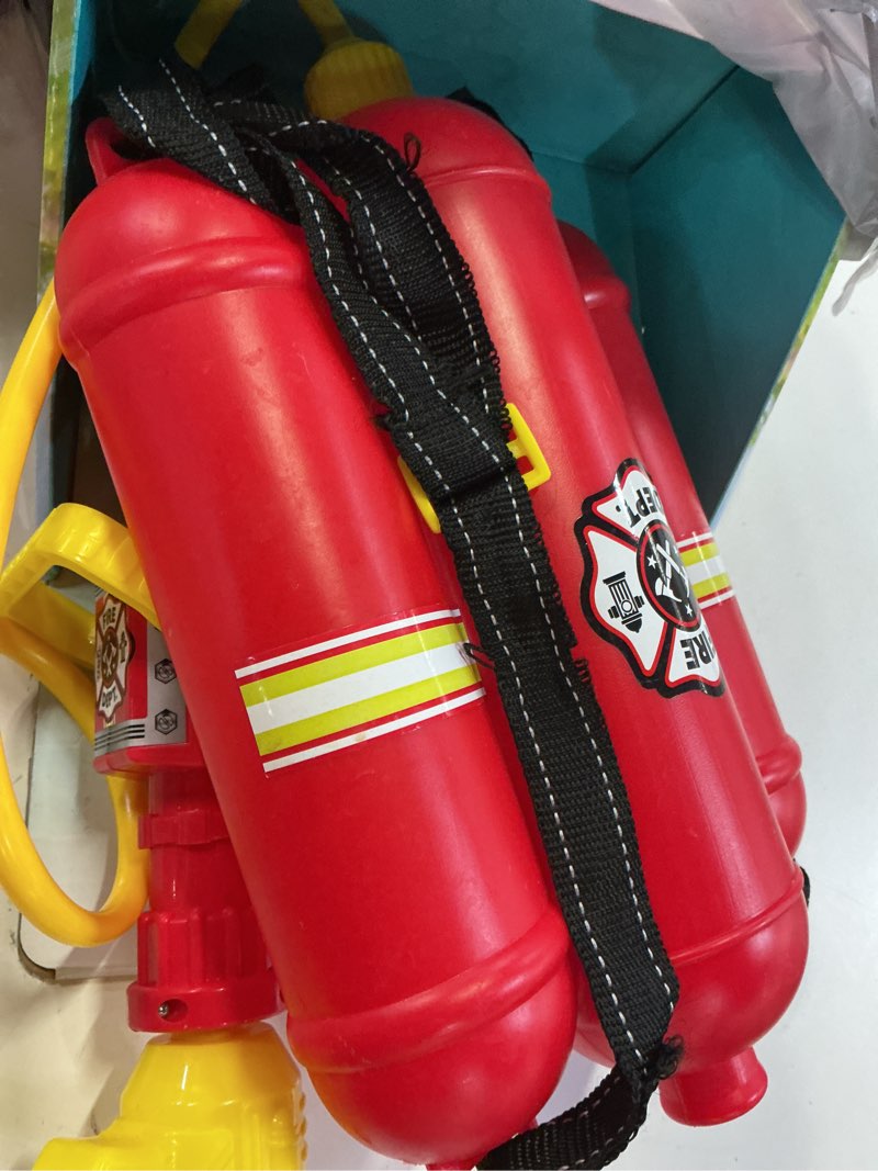 Condition photo showing As Is for play day firefighter backpack water blaster – firehose role play toy for outdoor fun – ages 3