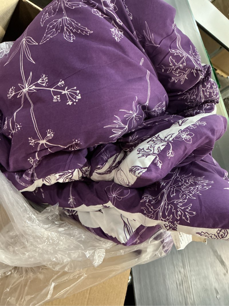 Condition photo showing As Is for love's cabin dark purple comforter set queen - queen size comforter set, 3 pieces cute floral bedding sets for all seasons,1 soft reversible botanical flowers comforter and 2 pillow shams queen (90"x90") 10 - dark purple