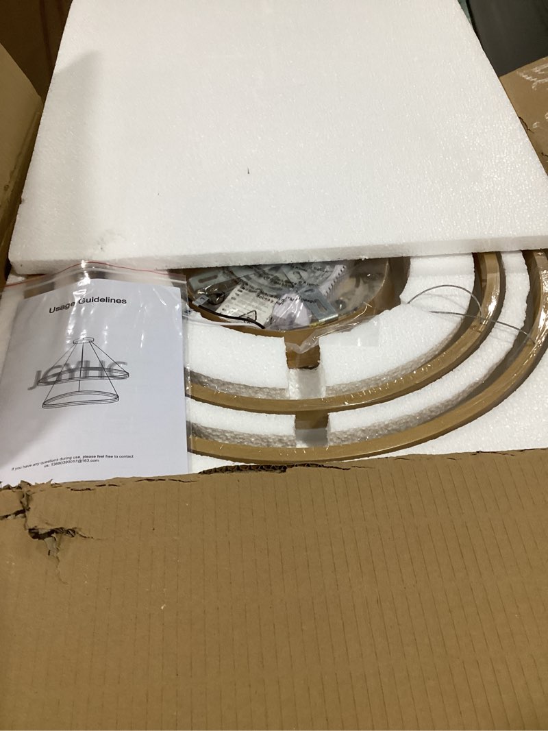 Condition photo showing New/Like New for modern led ring chandelier gold dimmable round chandelier dinning room, hanging light with remote control circular led pendant light for kitchen island living room entryway, 3000k-6500k gold 1 ring
