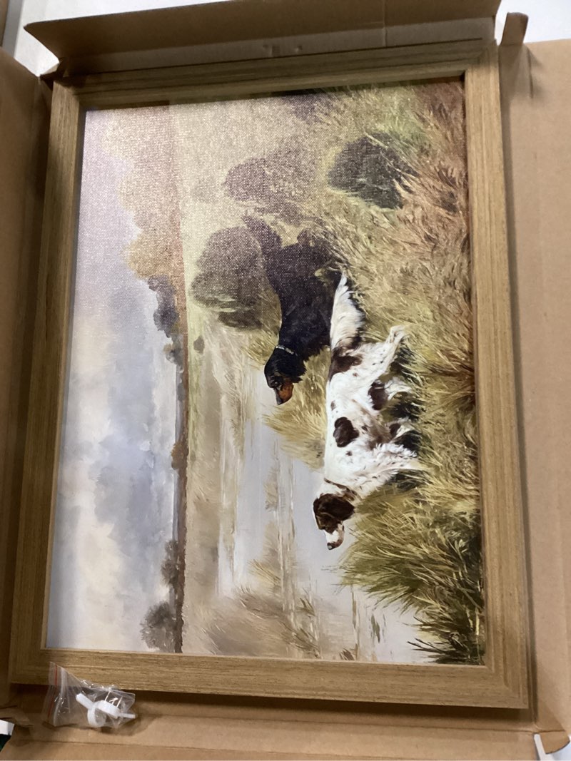 Condition photo showing Good Condition for Wood Framed Vintage Dog Wall Art, Retro Country Hunting Dog Animal Canvas Wall Decor Paintings, Antique Rustic Farmhouse River Landscape Posters Prints Pictures for Living Room Gallery 12x16 Inch Dog Framed 16"L x 12"W