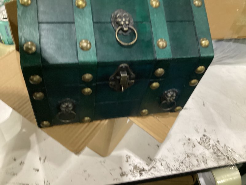 Condition photo showing Good Condition for vintage wooden treasure chest, jewelry storage box with lock, classical storage and decorative box, large capacity vintage decorative box, jewelry storing storage organizer for home decoration,green