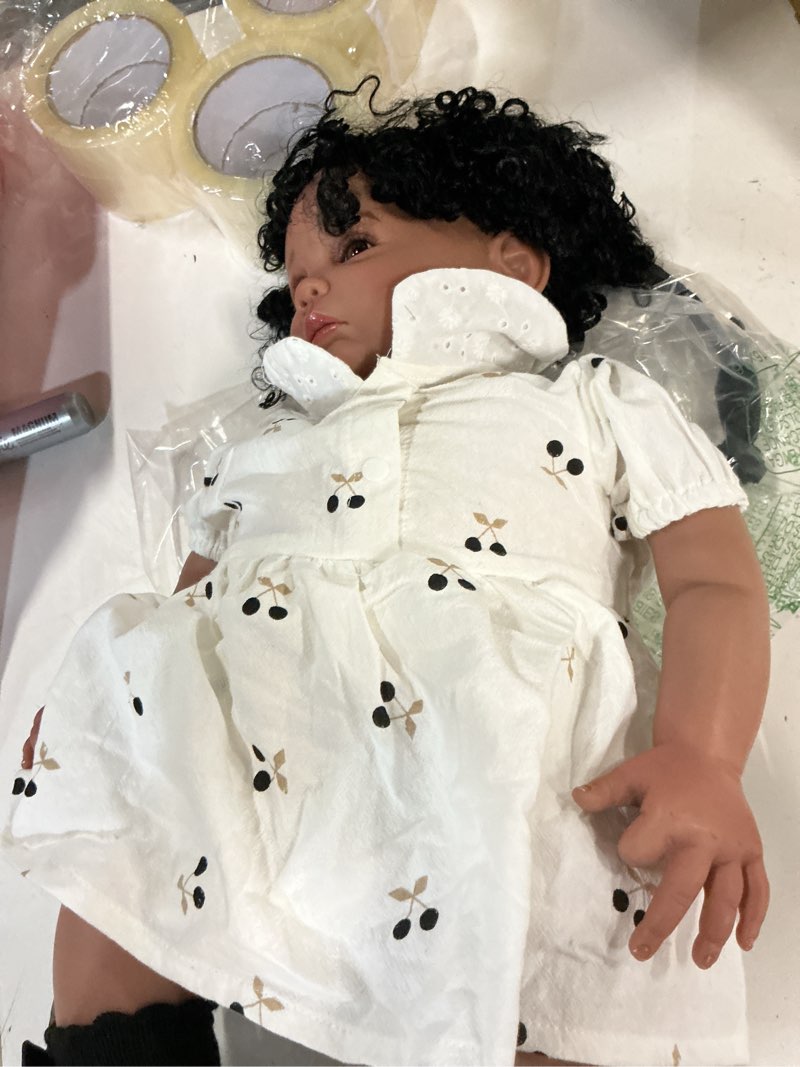 Condition photo showing As Is for lifelike reborn toddler dolls black girl 24 inch reborn baby doll curly hair realistic black toddler dolls girl real life baby doll toys with accessories & gift box birthday gifts for kids