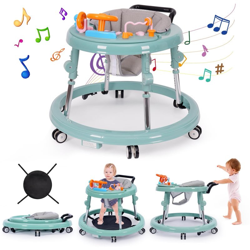 Music and Lights Baby Walker Foldable with 9 Adjustable Heights, Baby Walker with Wheels Portable, Infant Toddler Walker for Baby Boy Girls 6-18 Months