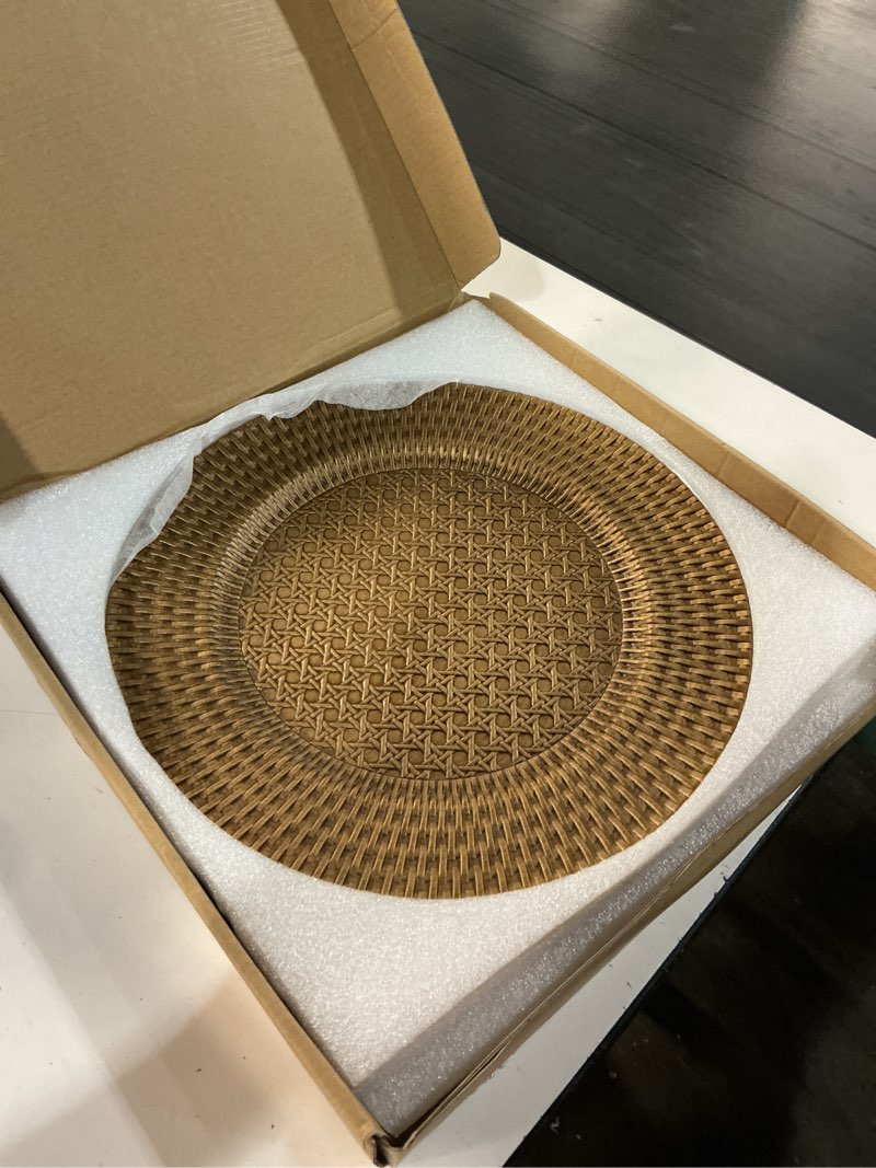 Condition photo showing New/Like New for 13" antique gold charger plates set of 6, matte finish faux rattan woven texture dinner chargers, premium weighted plastic plates for wedding, party, holiday table decor (537) 537br 6