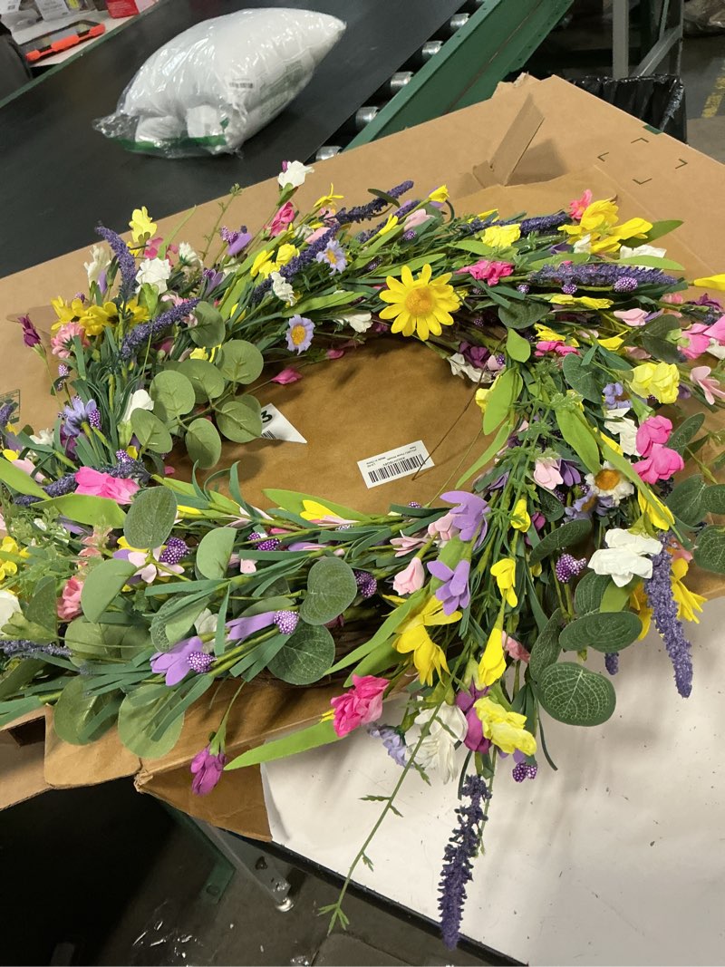 Condition photo showing Good Condition for j'floru spring wreath 24 inch summer wreaths for front door artificial flower wreath with daisy and lavender for indoor outdoor and easter celebration