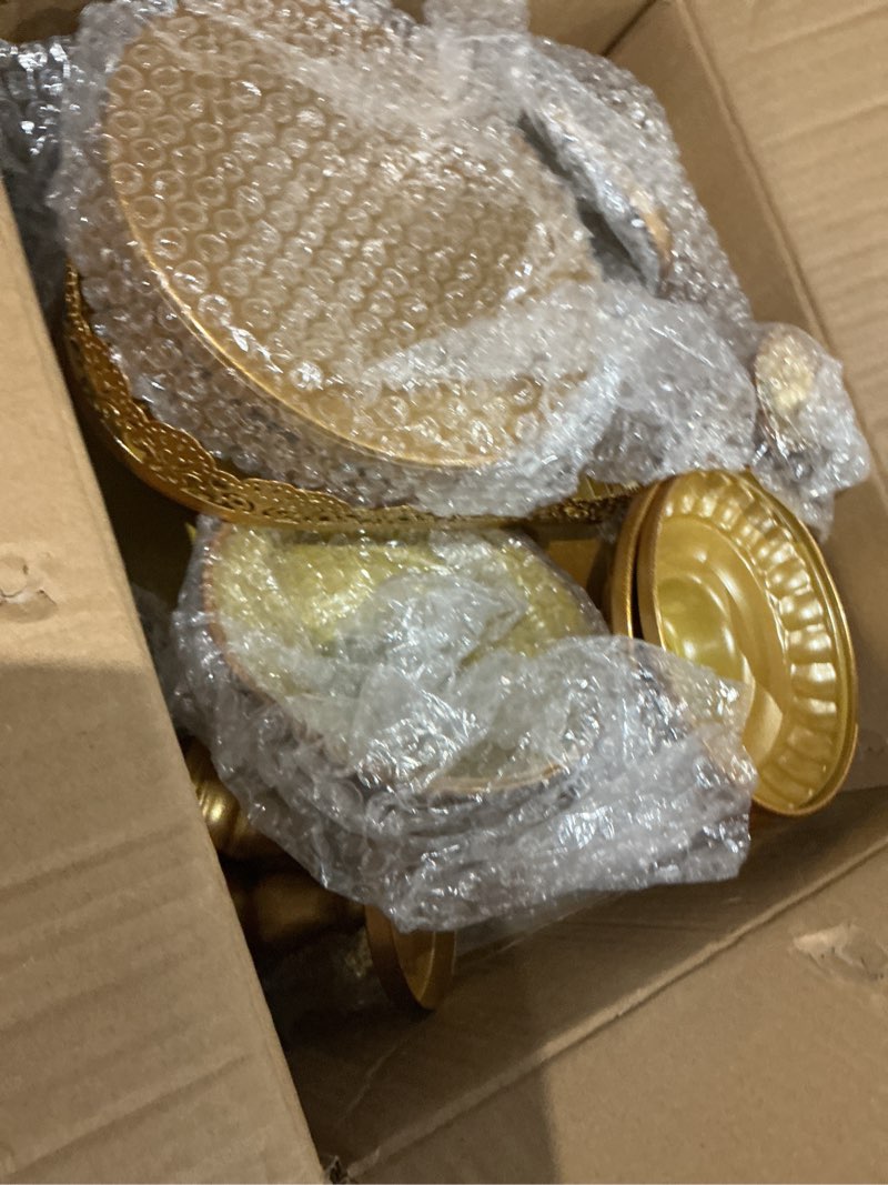 Condition photo showing As Is for set of 9 cake stands metal cupcake stand set multiple styles candy fruit display tower dessert plate cake serving tray for birthday party wedding anniversary baby shower engagement (gold)