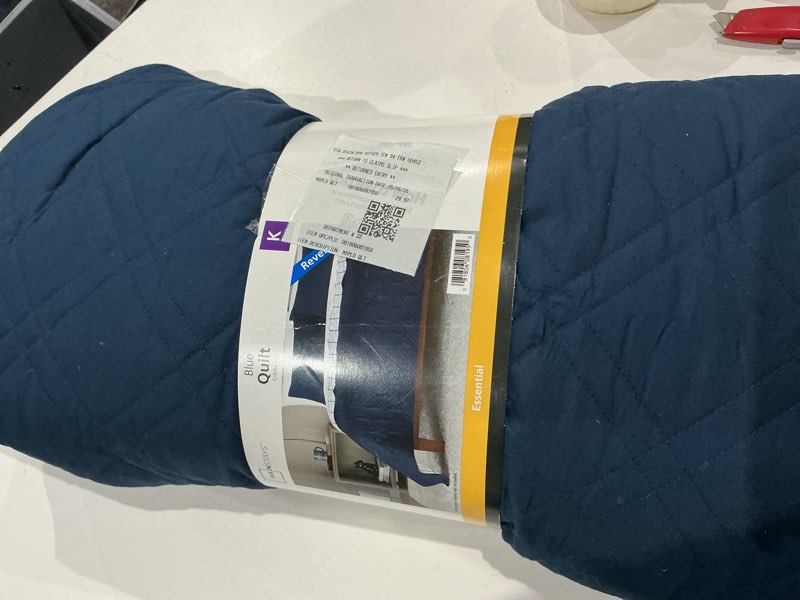 Condition photo showing As Is for mainstays quilts blue plaid 100% polyester quilted, king - reversible