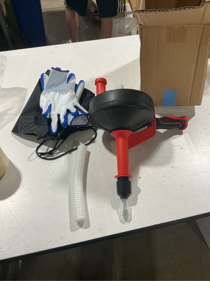 Condition photo showing Good Condition for 42 ft drain snake hair drain clog remover, manual or powered, plumbing snake with drill adapte,unclog sink drain tool, drain auger for toilet?shower?kitchen?sink, no auto retract or feed, red