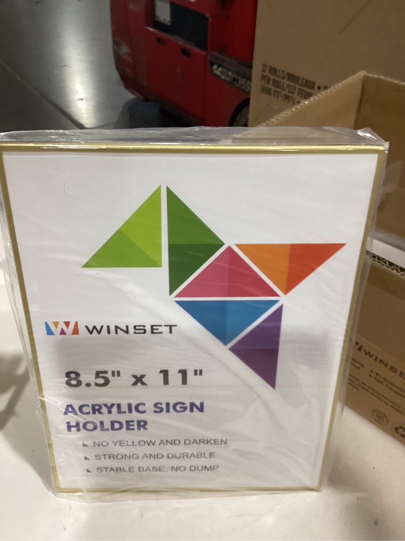 Condition photo showing Good Condition for winset 4 pack gold frame acrylic sign holder 8.5 x 11 inch, slant back plastic sign holders flyer holder display stand, desktop picture frame stable menu holder for store, office, restaurant, hotel