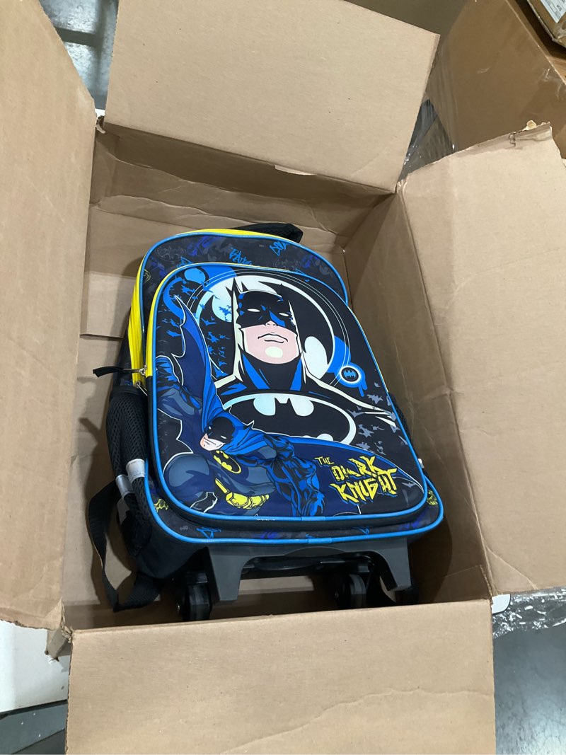 Condition photo showing Good Condition for bioworld batman hero surrounded by bats 16" rolling travel backpack blue, black & yellow