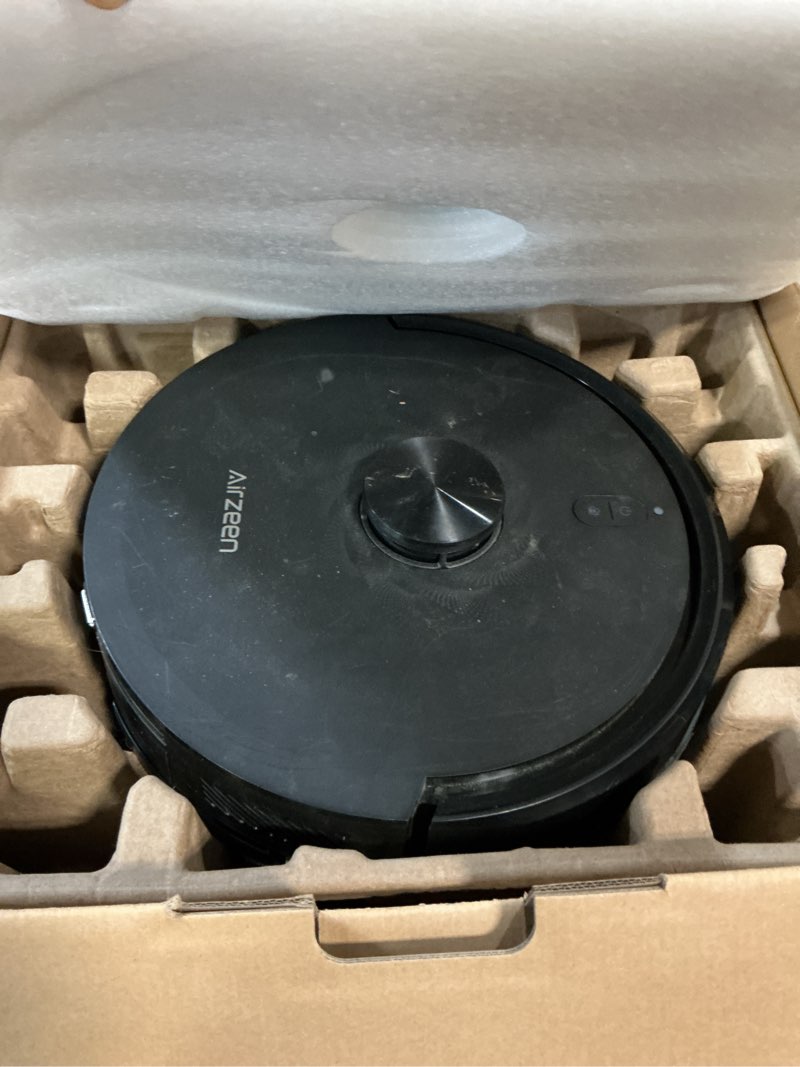 Condition photo showing As Is for robot vacuum and mop, upgraded bagless robot vacuum cleaner with self-emptying, 6000pa robotic vacuum with lidar navigation, smart mapping, schedule, app/alexa control for carpet/pet hair, q20 ultra medium black