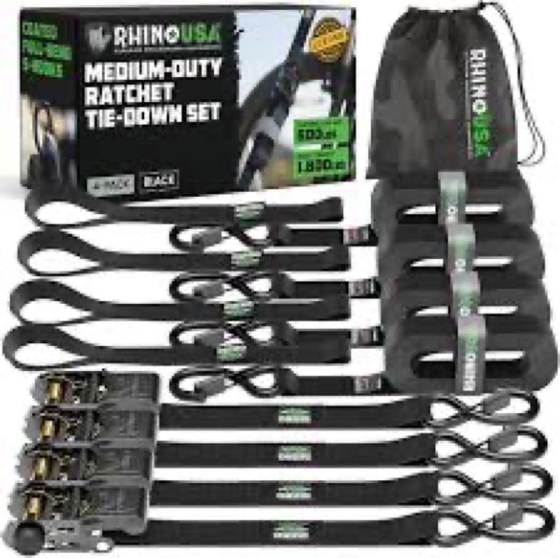 Rhino USA Ratchet Tie Downs (4-Pack) - 1 Inch x 15 Feet (1,823lb Break Strength) - Ultimate Straps W