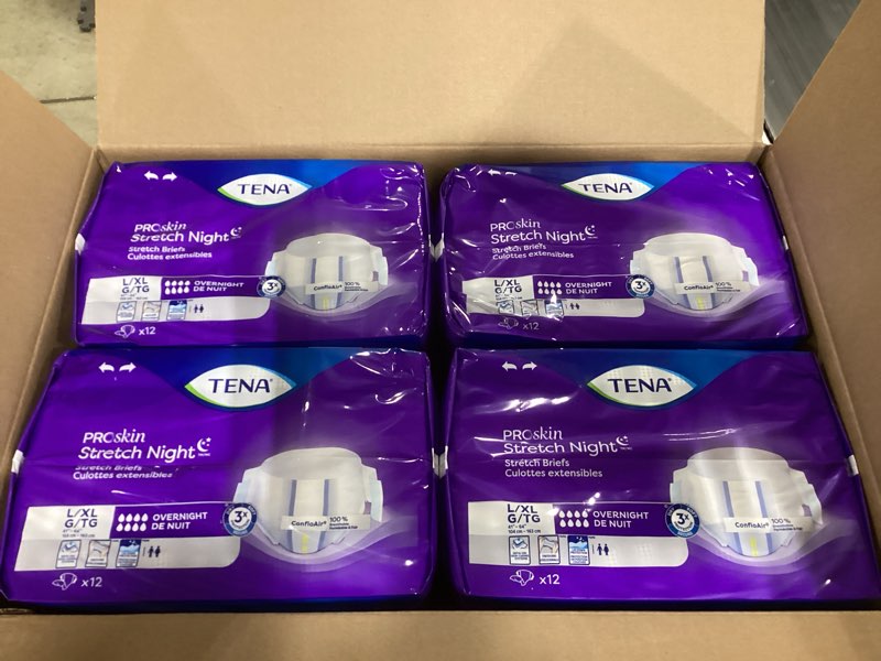 Condition photo showing New/Like New for Tena ProSkin Overnight Incontinence Adult Diaper for Women & Men, Stretch Brief, Large/Extra Large, 48 Count (4 Packs of 12), Packaging May Vary Large/X-Large 48